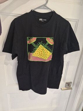 Uniqlo Black Graphic Tee with Neon Green, Pink & Yellow Pyramid Print